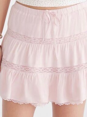 Light Pink Tiered Lace Mini Skirt